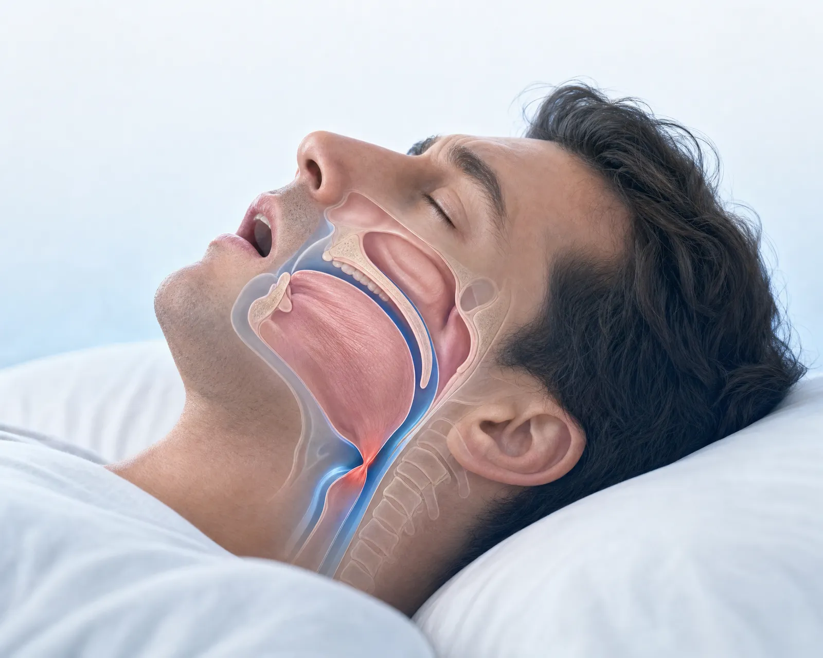 Illustration of a man asleep on his back with his jaw and tongue relaxed backward, narrowing the airway behind the tongue