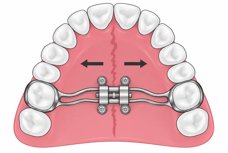 Illustration of a MARPE expander anchored to the palate with four small mini-screws, with arrows showing the upper jaw widening