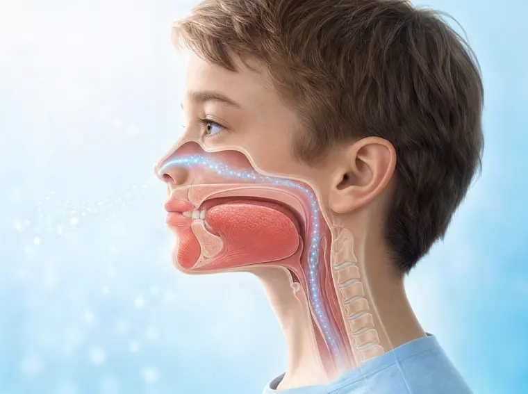 Illustration of a child with the tongue resting against the palate, lips closed, and air flowing through the nose, the goals of myofunctional therapy