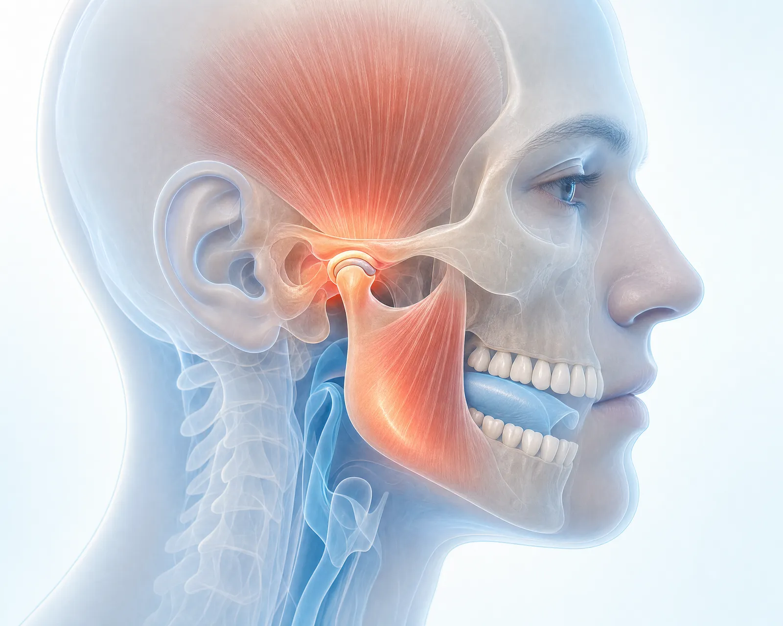 Illustration of the jaw joint in front of the ear, with the chewing muscles, bite, and airway, showing strain at the TMJ