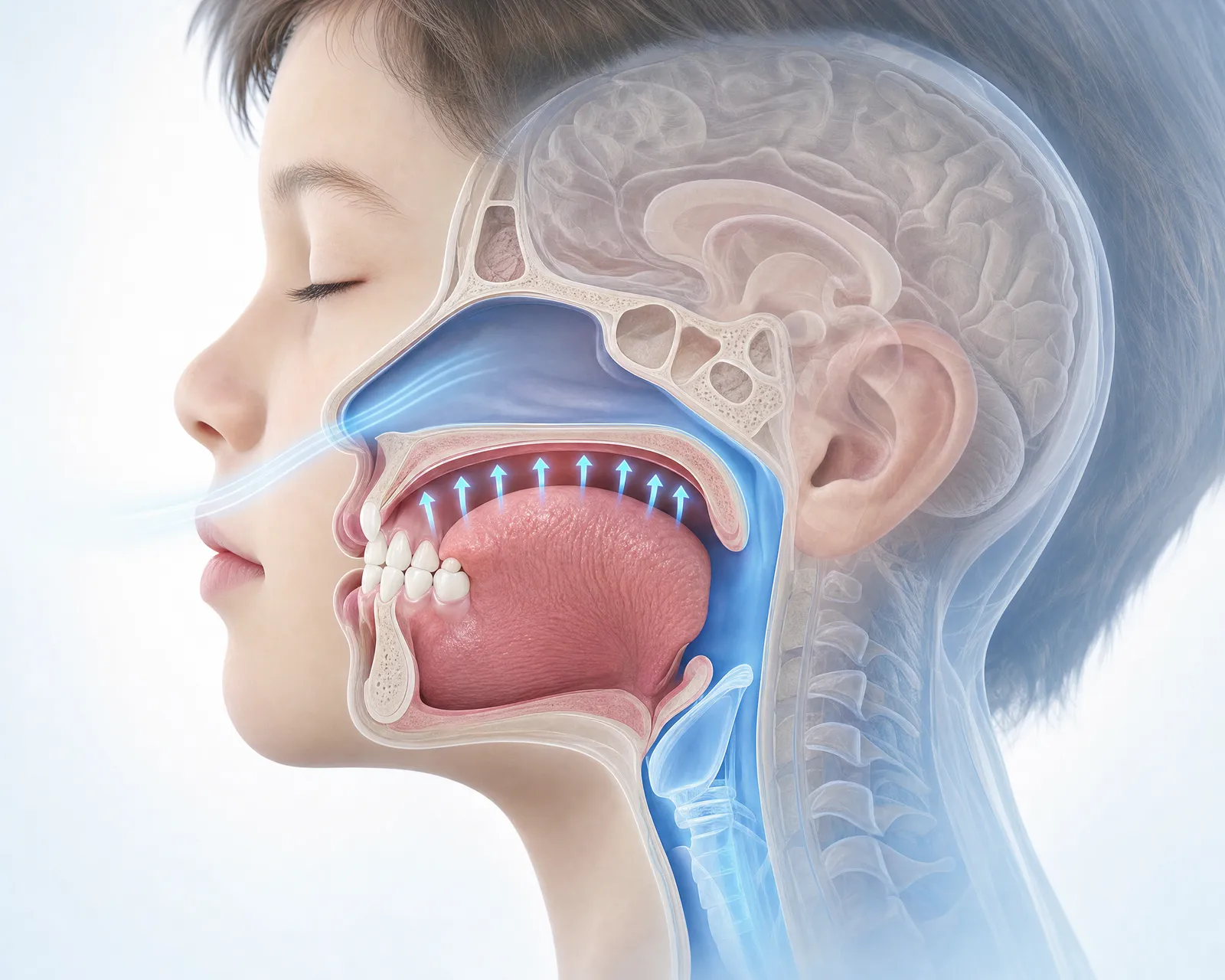 Illustration of a child's tongue resting against the palate, helping shape the upper arch and supporting an open nasal airway