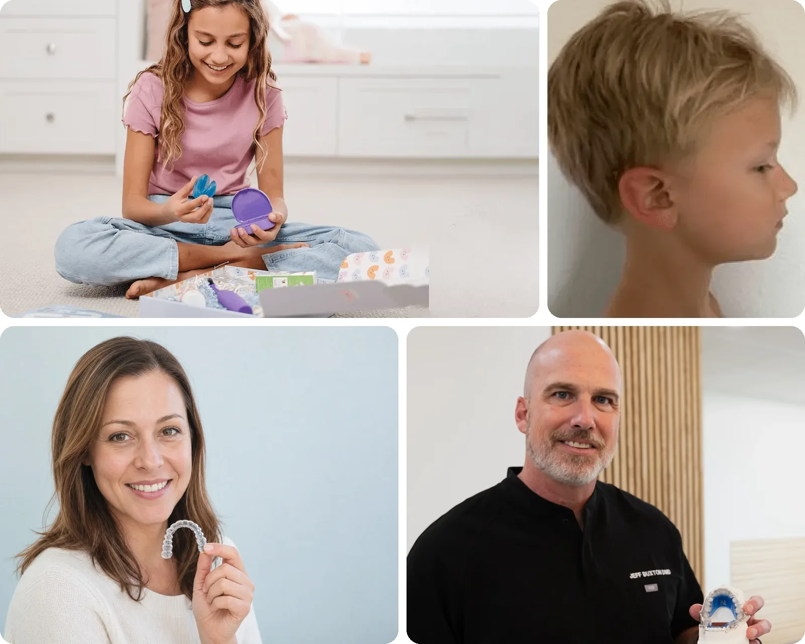 Collage of patients of every age at Toothpillow Breathing and Sleep Center: a young girl with her Toothpillow appliance, a young boy in profile after a year of airway care, an adult with her aligner, and Dr. Jeff Buxton with an appliance model