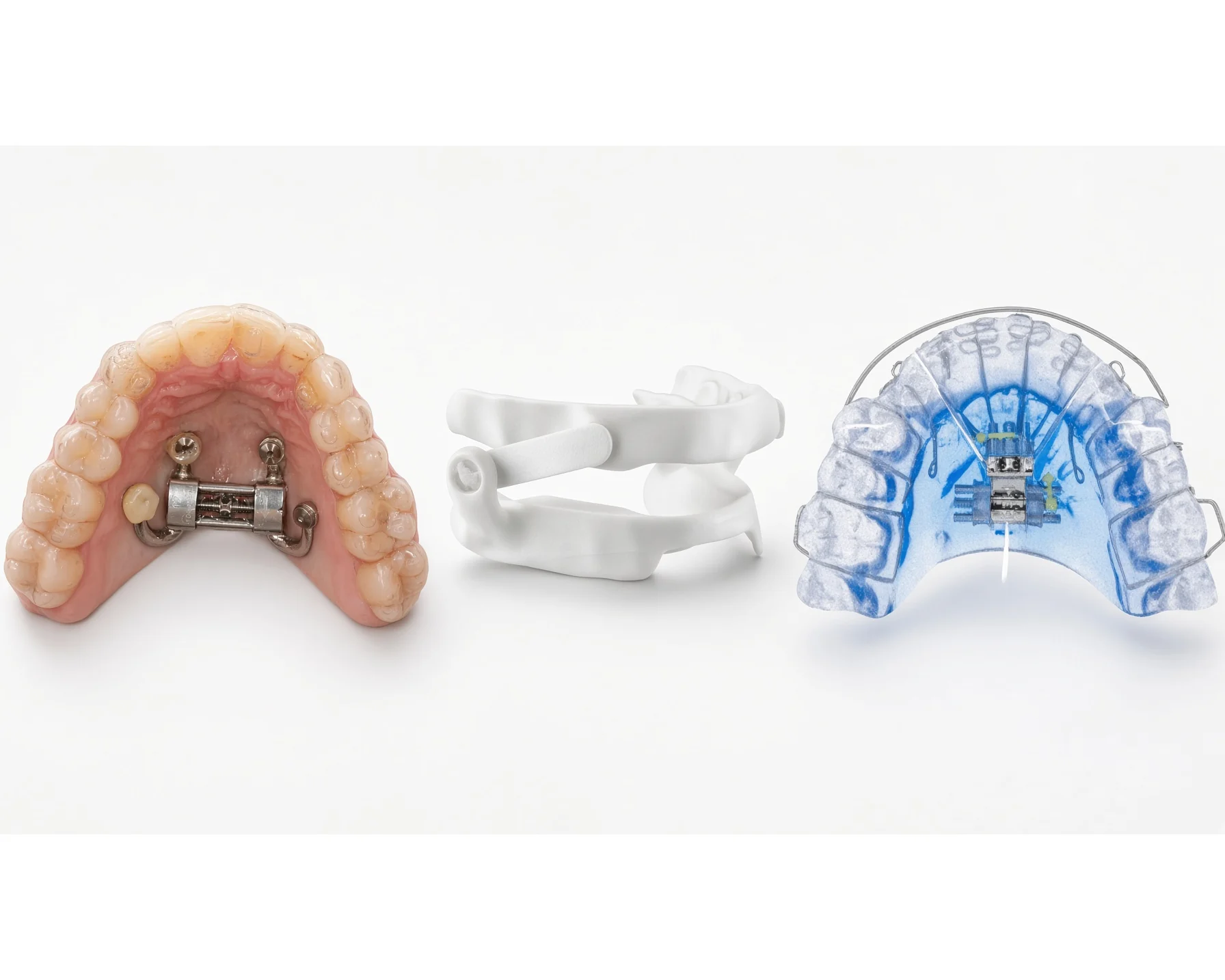 Three sleep appliance options used at Toothpillow Breathing & Sleep Center in Draper, Utah: a bone-anchored palatal expander on a model, a Panthera mandibular advancement device, and a Vivos appliance
